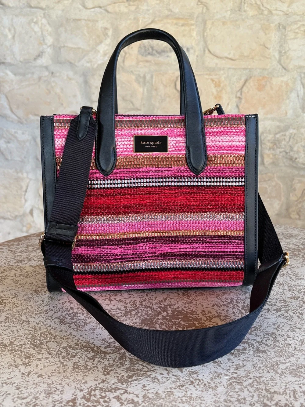 kate spade Pink and Red Striped Straw Satchel with Black Trim